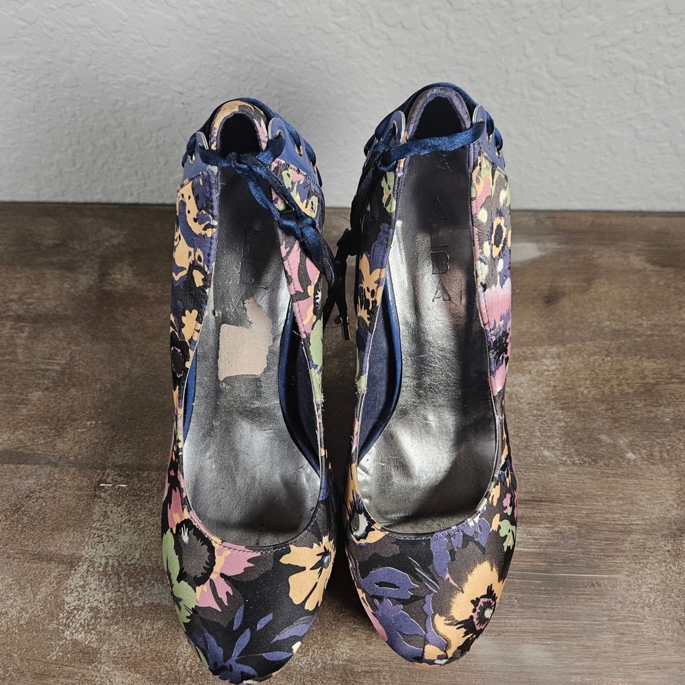 Alba Floral Lace Up Platform Pumps Blue Multi Color Stiletto Heels Womens 7.5 - Picture 10 of 12